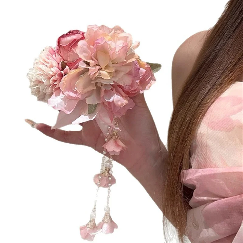 Teng Hua's Love~ Exquisite Pink Tassel Flower Hair Clip for Women's Cheongsam Side Hairpin