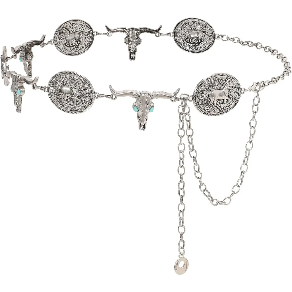Women Western Metal Concho Belt Vintage Boho Gold Chain Belts for Dresses Jeans Adjustable Cowgirl Waist Chain