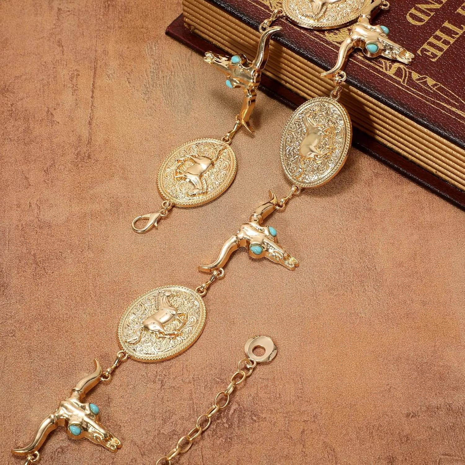 Women Western Metal Concho Belt Vintage Boho Gold Chain Belts for Dresses Jeans Adjustable Cowgirl Waist Chain