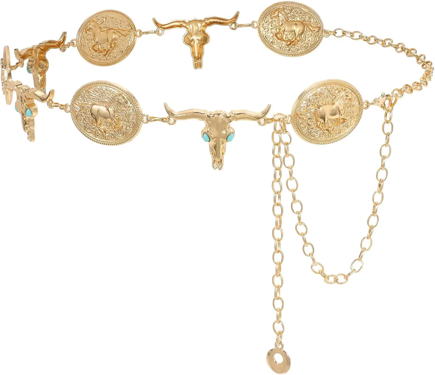 Women Western Metal Concho Belt Vintage Boho Gold Chain Belts for Dresses Jeans Adjustable Cowgirl Waist Chain
