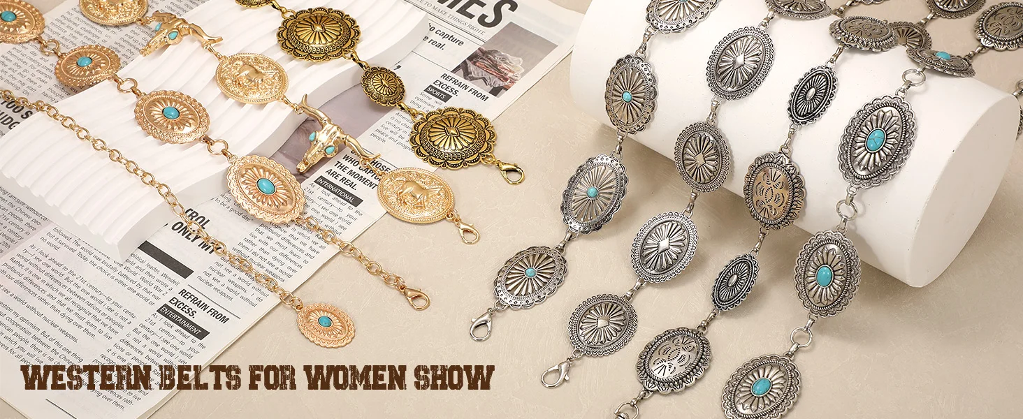 Women Western Metal Concho Belt Vintage Boho Gold Chain Belts for Dresses Jeans Adjustable Cowgirl Waist Chain