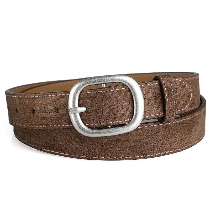 Ladies' belt, imitation suede-like surface, vintage style, aged look, high-end feel, silver alloy buckle, versatile, jeans belt