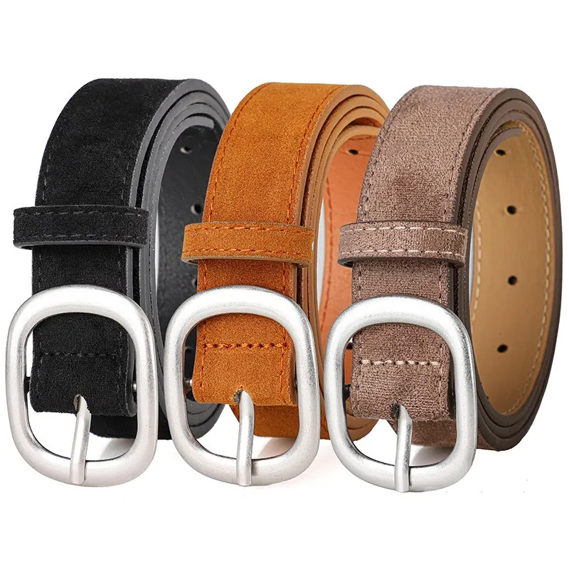 Ladies' belt, imitation suede-like surface, vintage style, aged look, high-end feel, silver alloy buckle, versatile, jeans belt