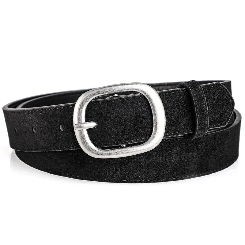 Ladies' belt, imitation suede-like surface, vintage style, aged look, high-end feel, silver alloy buckle, versatile, jeans belt