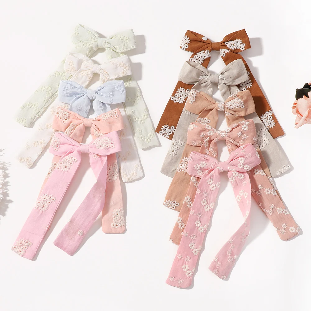 10Pcs/Lot Random Colors Girls Hair Clips Sweet Fashion Baby Lace Flower Hair Grips Long Tail Cotton Hairpin Headwear