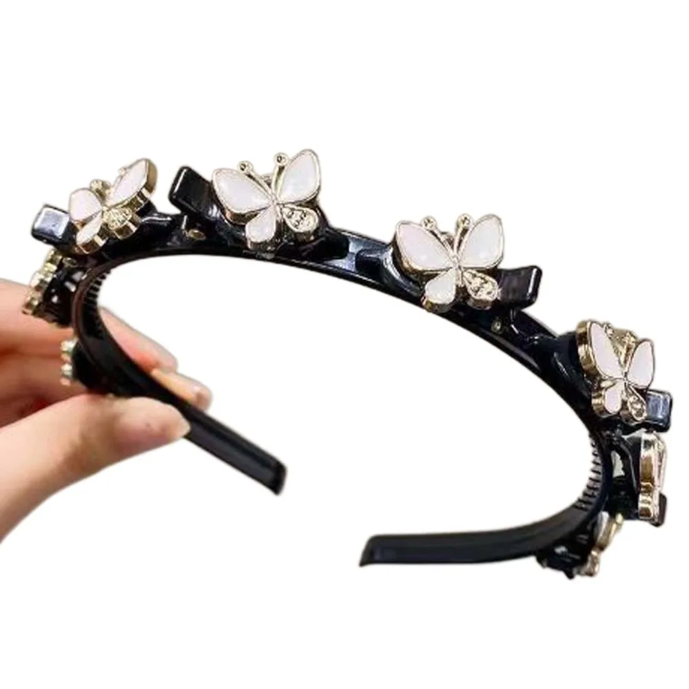 Elegant Hair Bands with Clips Shiny Sweet Rhinestone Bangs Clip Headband Hair Weaving Tool Headwear Women Butterfly Hair Hoop