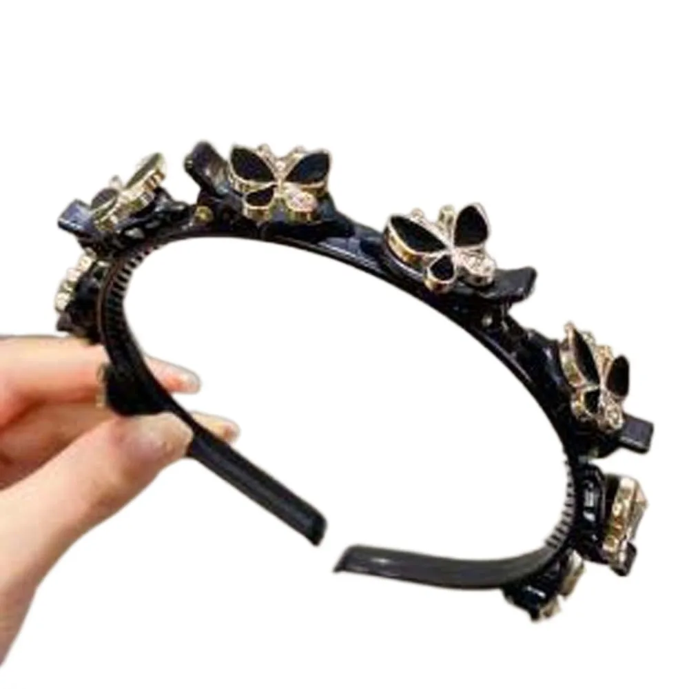 Elegant Hair Bands with Clips Shiny Sweet Rhinestone Bangs Clip Headband Hair Weaving Tool Headwear Women Butterfly Hair Hoop