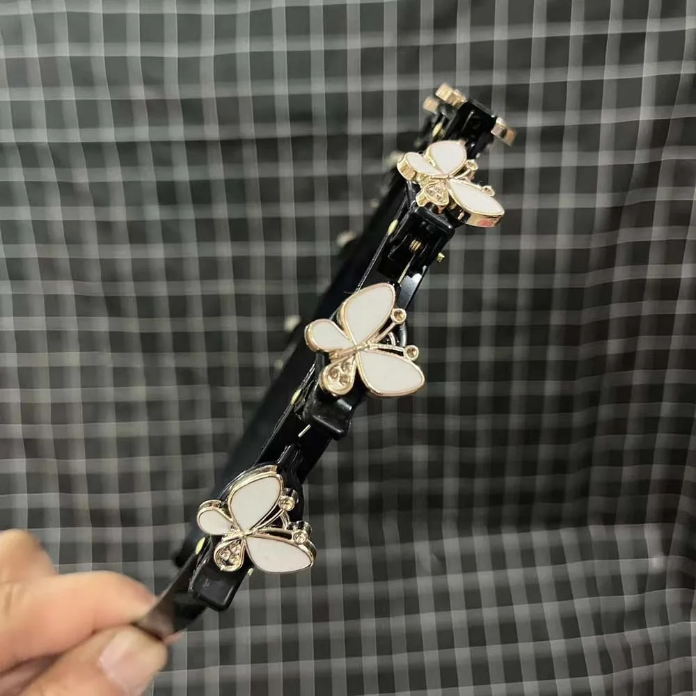 Elegant Hair Bands with Clips Shiny Sweet Rhinestone Bangs Clip Headband Hair Weaving Tool Headwear Women Butterfly Hair Hoop