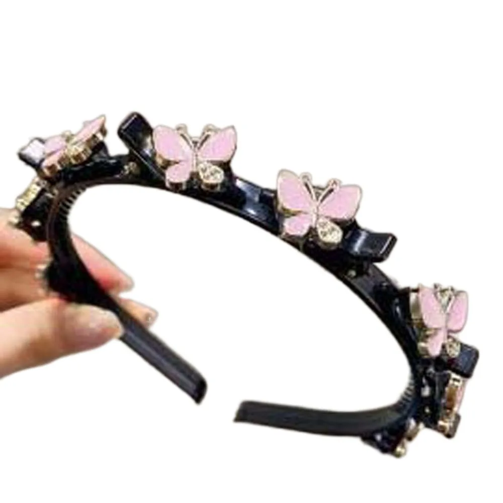 Elegant Hair Bands with Clips Shiny Sweet Rhinestone Bangs Clip Headband Hair Weaving Tool Headwear Women Butterfly Hair Hoop