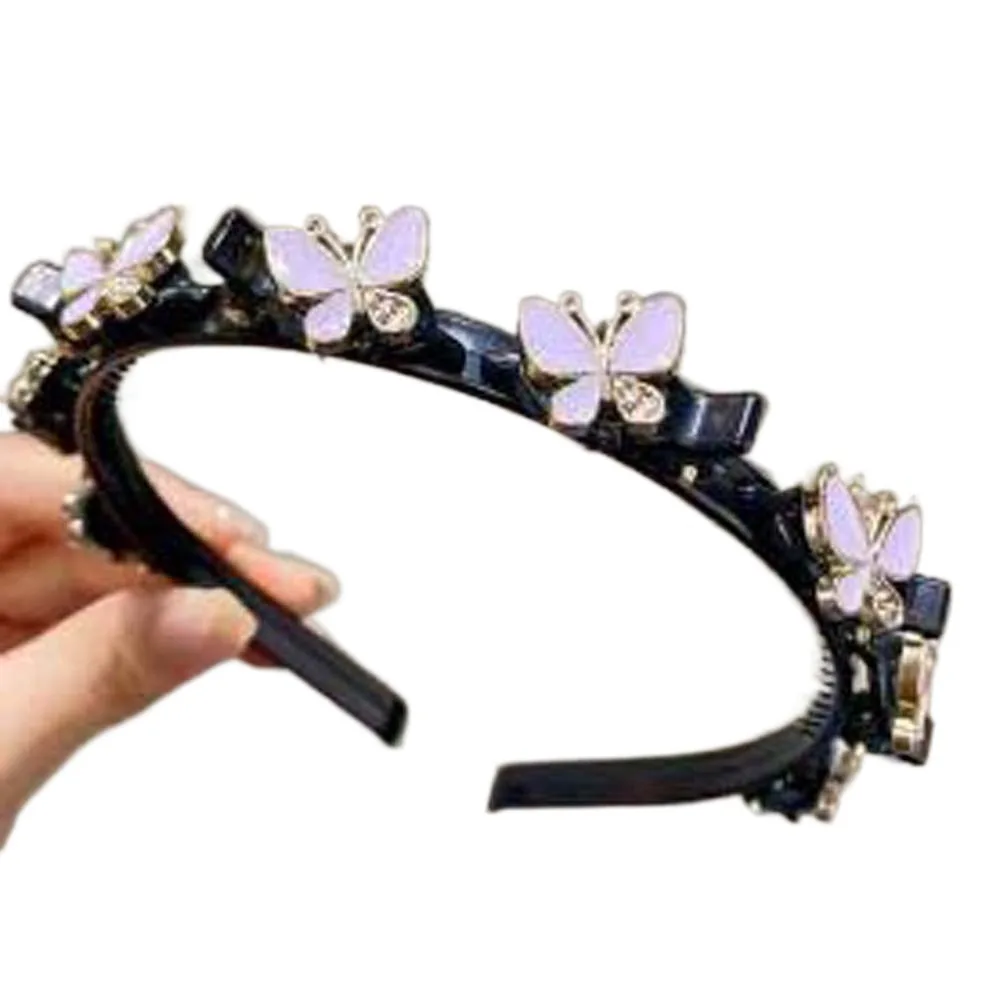 Elegant Hair Bands with Clips Shiny Sweet Rhinestone Bangs Clip Headband Hair Weaving Tool Headwear Women Butterfly Hair Hoop