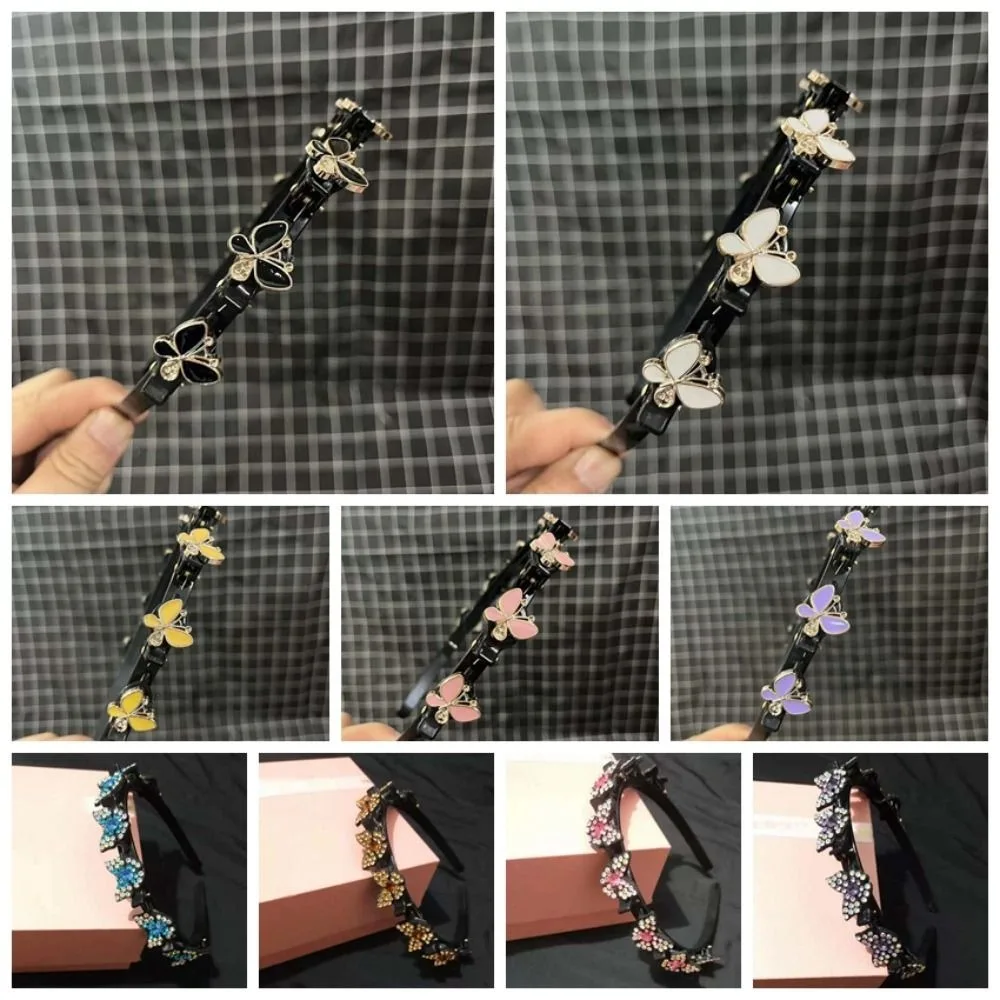 Elegant Hair Bands with Clips Shiny Sweet Rhinestone Bangs Clip Headband Hair Weaving Tool Headwear Women Butterfly Hair Hoop