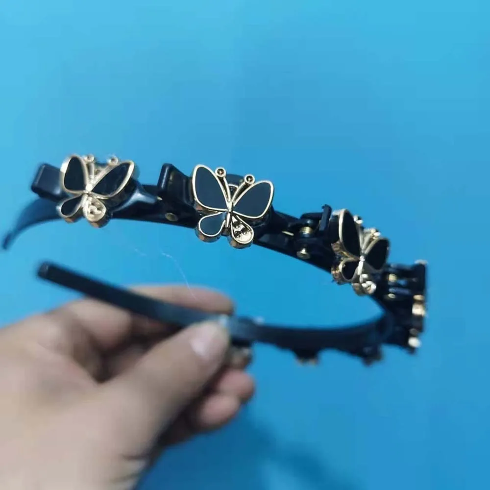 Elegant Hair Bands with Clips Shiny Sweet Rhinestone Bangs Clip Headband Hair Weaving Tool Headwear Women Butterfly Hair Hoop