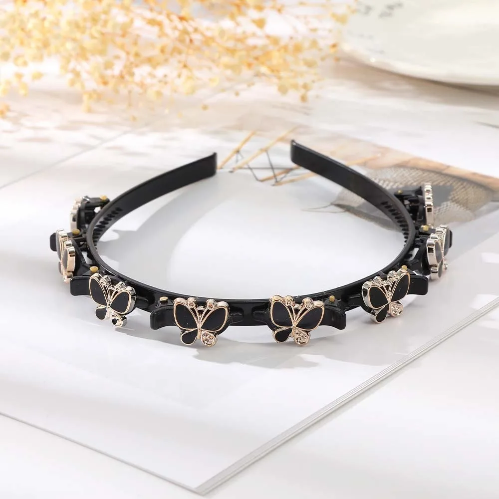 Elegant Hair Bands with Clips Shiny Sweet Rhinestone Bangs Clip Headband Hair Weaving Tool Headwear Women Butterfly Hair Hoop