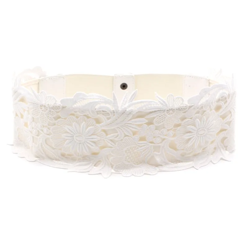 Lace Flower Elastic Wide Waistband for Dress with Snap Button Belt Fashion Wide Belt for Women Black and White