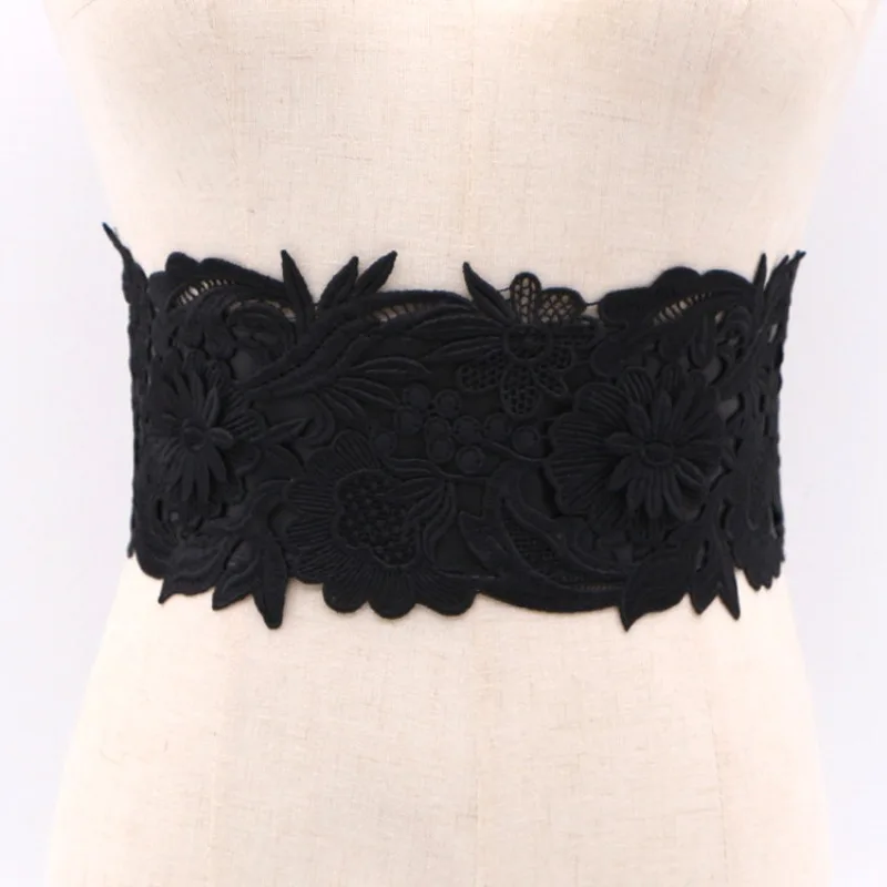 Lace Flower Elastic Wide Waistband for Dress with Snap Button Belt Fashion Wide Belt for Women Black and White