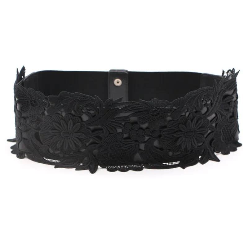 Lace Flower Elastic Wide Waistband for Dress with Snap Button Belt Fashion Wide Belt for Women Black and White