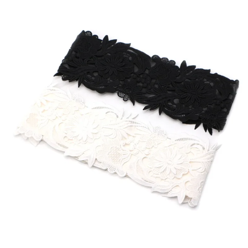 Lace Flower Elastic Wide Waistband for Dress with Snap Button Belt Fashion Wide Belt for Women Black and White