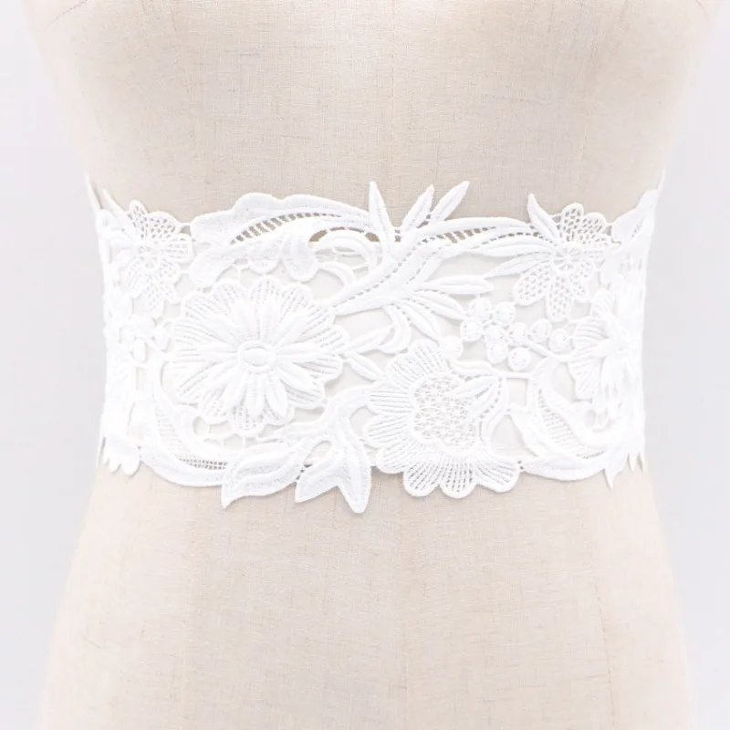 Lace Flower Elastic Wide Waistband for Dress with Snap Button Belt Fashion Wide Belt for Women Black and White