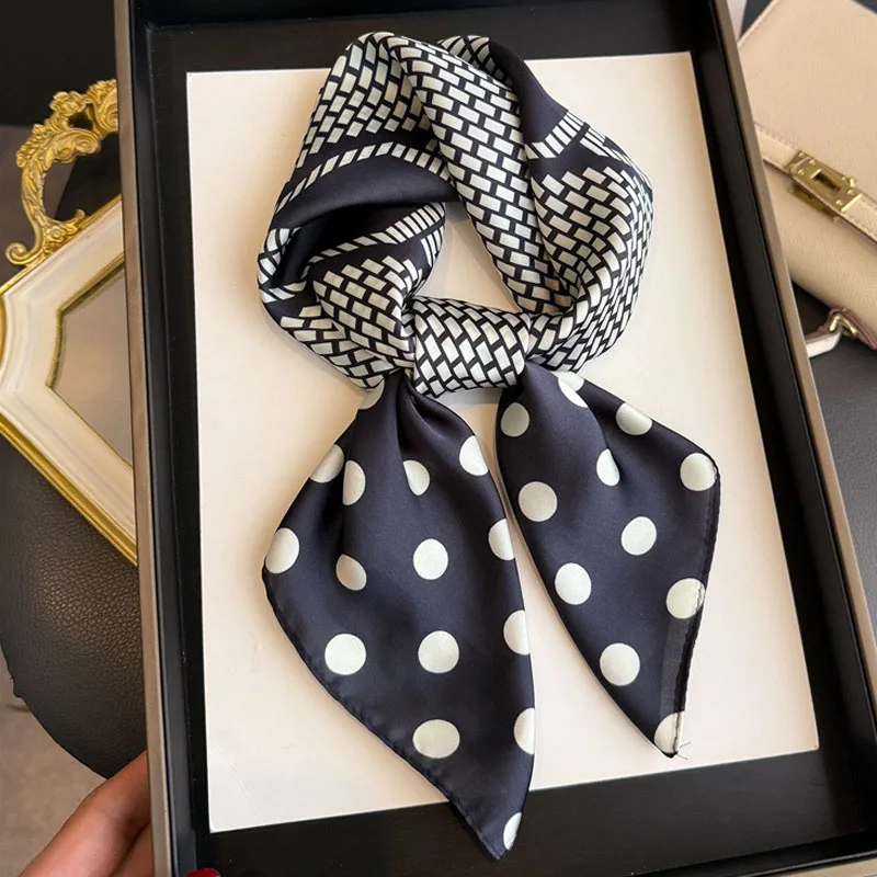 70*70cm Women's Square Silk Scarf Soft Satin Polka Dot Wrap Foulard Lady Neckerchief Bandannas Hair Skinny Tie Hijab Shawls