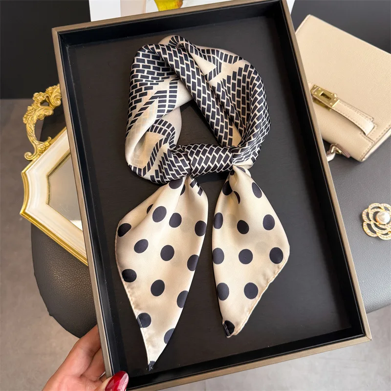 70*70cm Women's Square Silk Scarf Soft Satin Polka Dot Wrap Foulard Lady Neckerchief Bandannas Hair Skinny Tie Hijab Shawls