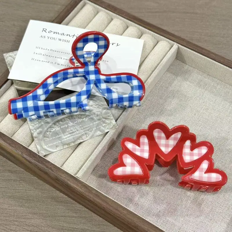 1pcCream series grid pattern grip clip, countryside style bow, love hair clip, Korean version fashionable small fresh shark clip