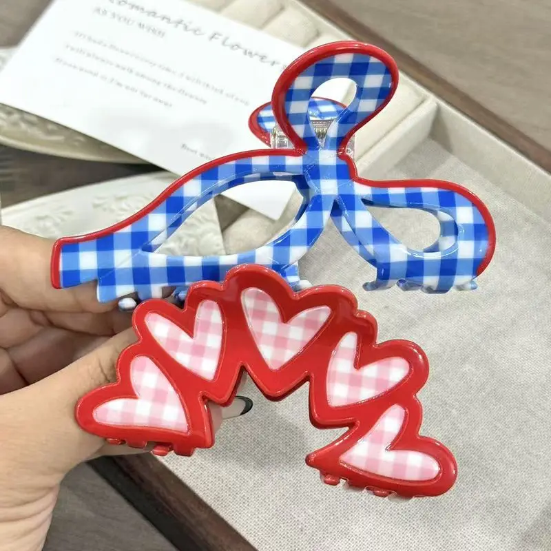 1pcCream series grid pattern grip clip, countryside style bow, love hair clip, Korean version fashionable small fresh shark clip