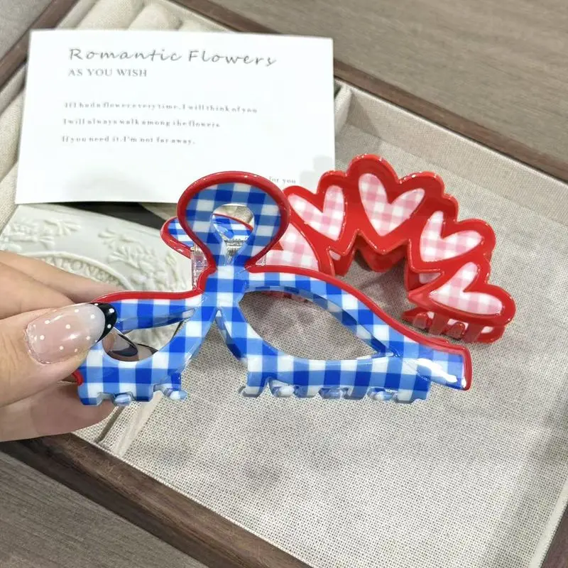 1pcCream series grid pattern grip clip, countryside style bow, love hair clip, Korean version fashionable small fresh shark clip
