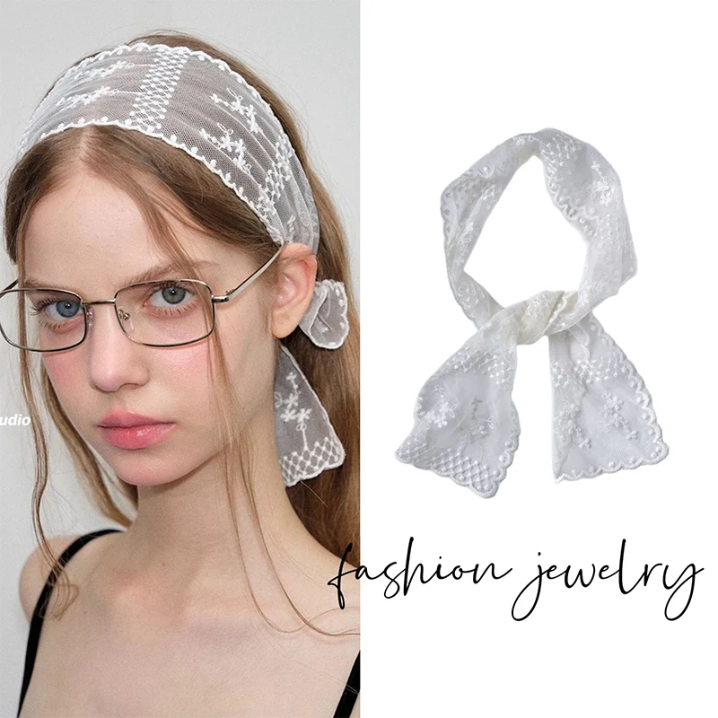 1Pc Sweet Flower Lace Neck Strap Dressing Decoration Korean Style Hair Band Neckerchief Transparent Long Ribbon Head Scarf