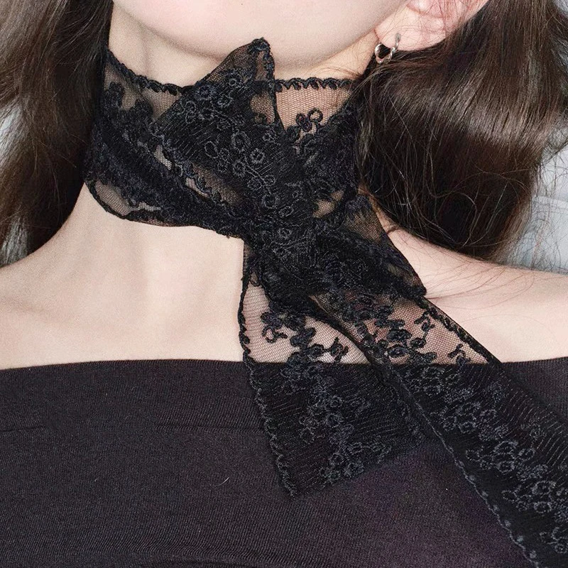 1Pc Sweet Flower Lace Neck Strap Dressing Decoration Korean Style Hair Band Neckerchief Transparent Long Ribbon Head Scarf