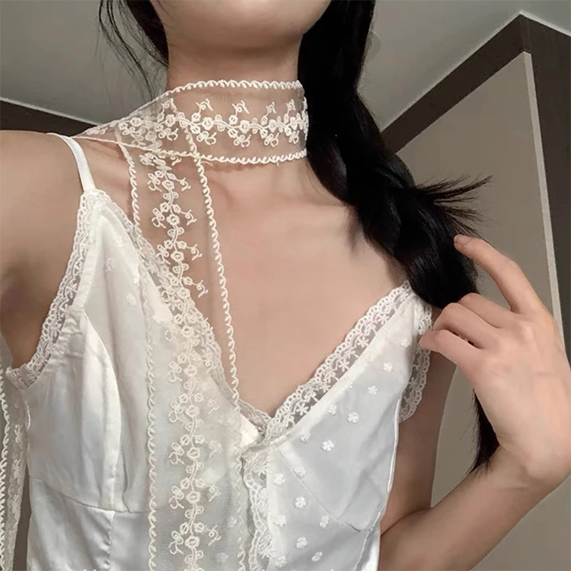 1Pc Sweet Flower Lace Neck Strap Dressing Decoration Korean Style Hair Band Neckerchief Transparent Long Ribbon Head Scarf