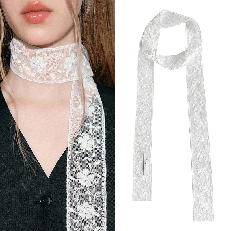 1Pc Sweet Flower Lace Neck Strap Dressing Decoration Korean Style Hair Band Neckerchief Transparent Long Ribbon Head Scarf