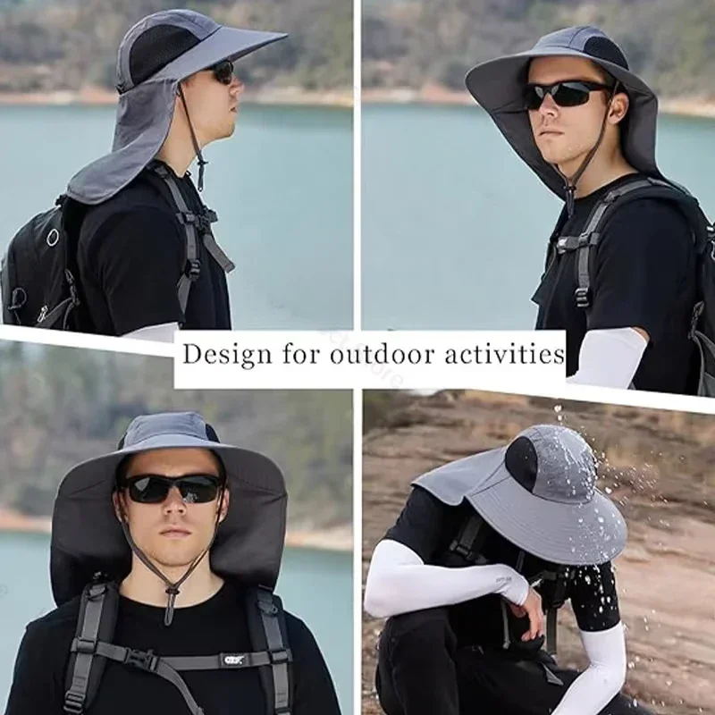 Summer Outdoor Fishing Bucket Hat for Men Wide Brim UV Sun Protection Cap with Neck Flap Sunshade for Hiking Camping Travel