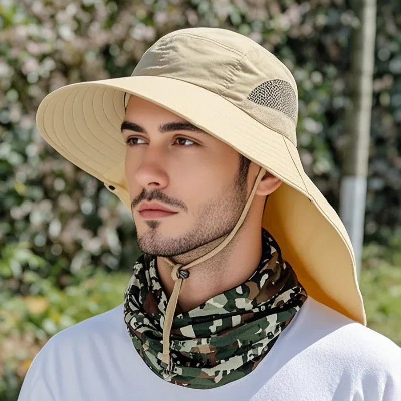Summer Outdoor Fishing Bucket Hat for Men Wide Brim UV Sun Protection Cap with Neck Flap Sunshade for Hiking Camping Travel
