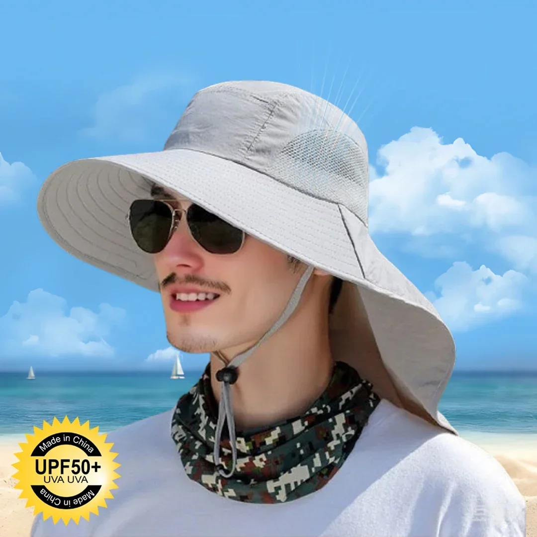 Summer Outdoor Fishing Bucket Hat for Men Wide Brim UV Sun Protection Cap with Neck Flap Sunshade for Hiking Camping Travel