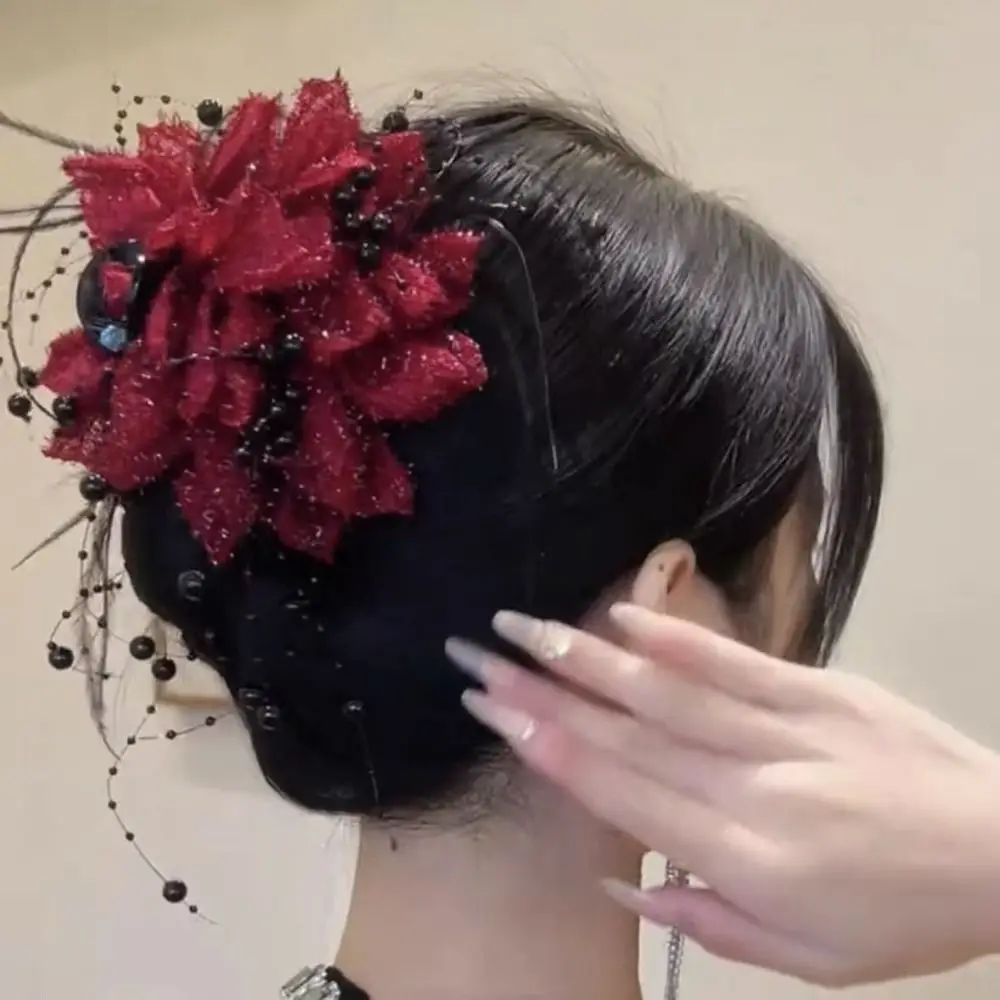 Elegant Peony Flower Grasping Clip Sequin Tassel Hair Claw Plastic Crab Hair Clips Women