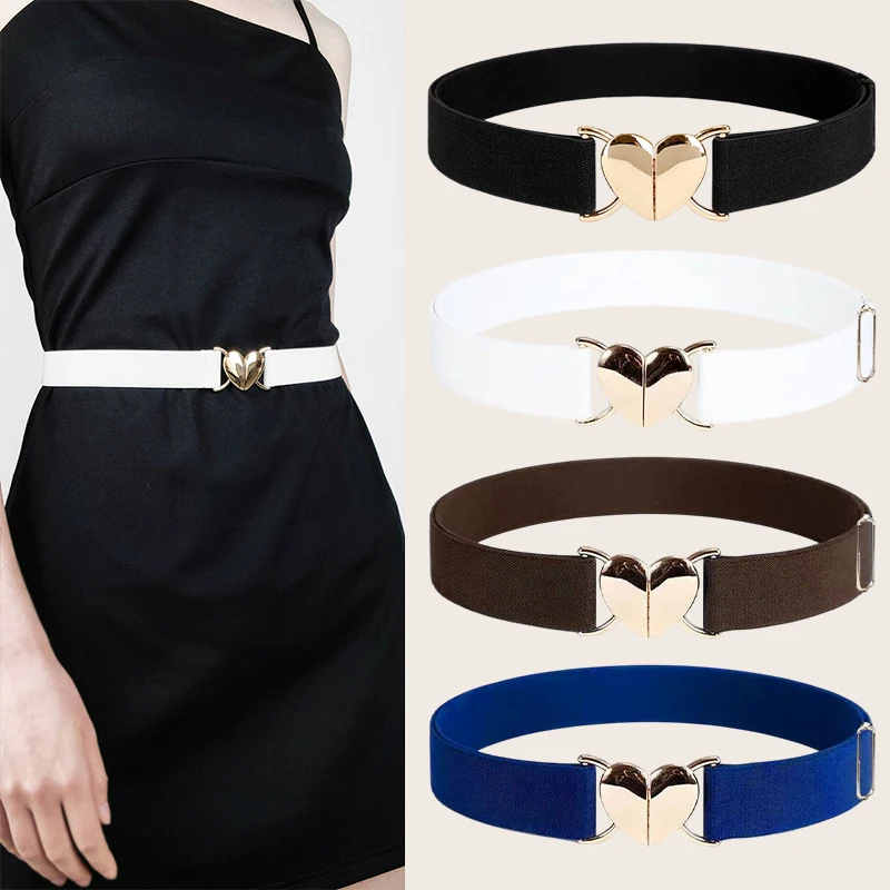 {YY26} Women Girls Adjustable Elastic Waist Belts With Heart Shape Metal Buckle Waistband For Coat Dress Accessories 〔YY26〕