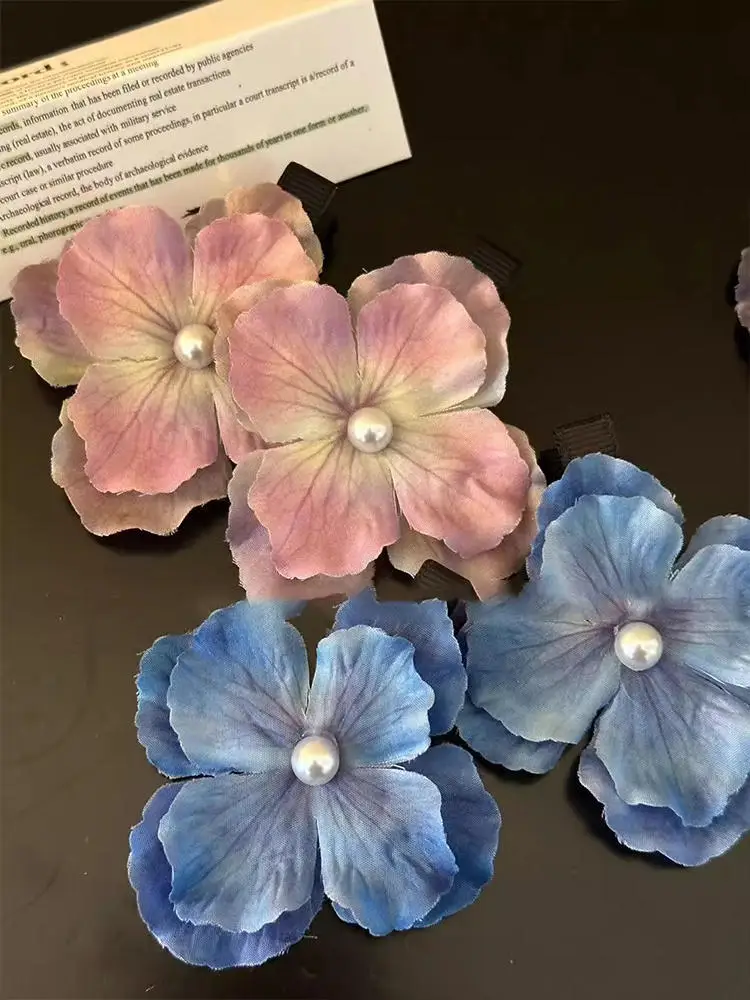 2Pcs Spring Hydrangea Hair Clips Women Girls Sweet Braid Hairpins Pearl Floral Barrettes For Travelling Wedding Hair Accessories
