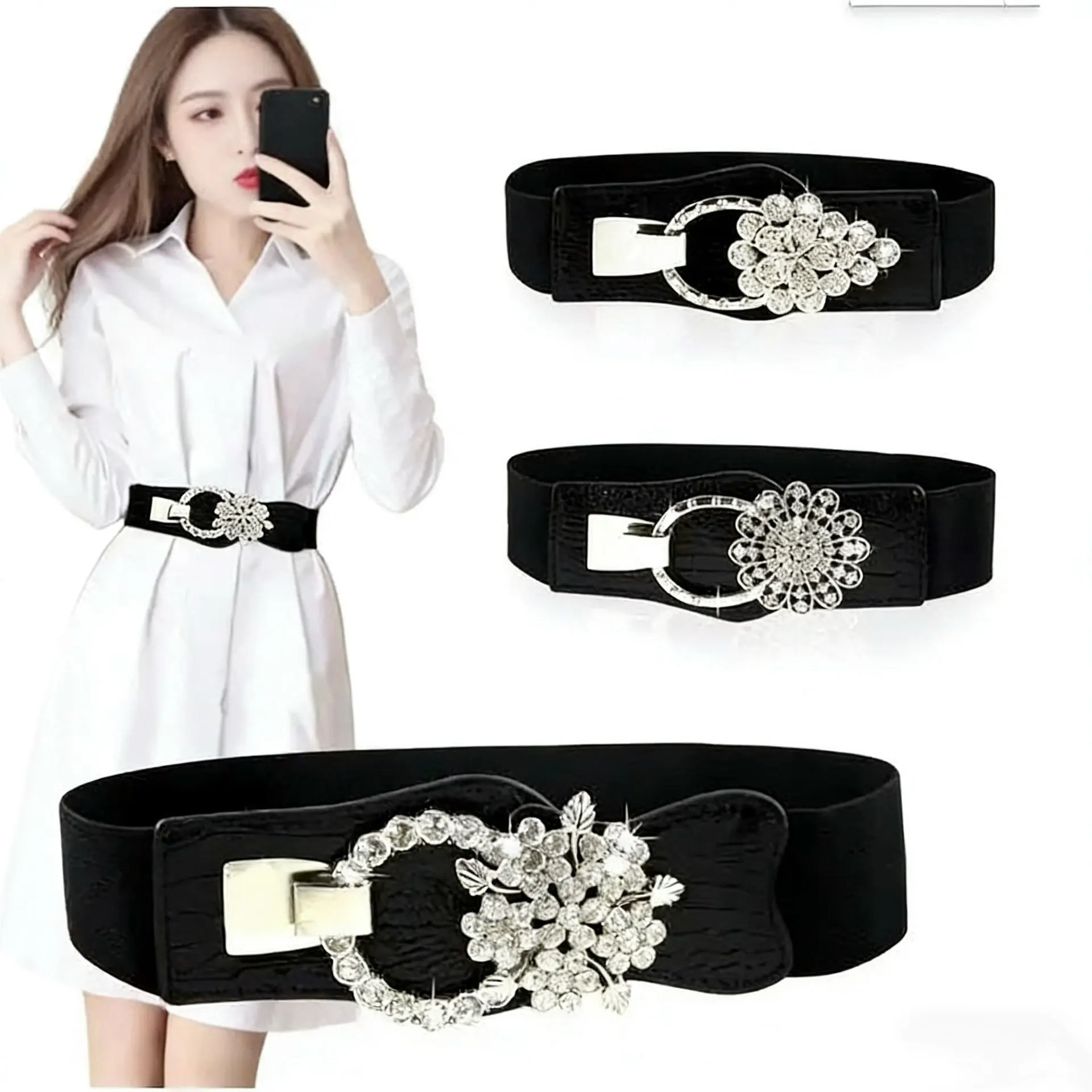 Rhinestone Flower Decor Elastic Wide Belt, Crocodile Pattern Black Waist Cincher, Slimming Fit, Ideal for Dresses & Coats