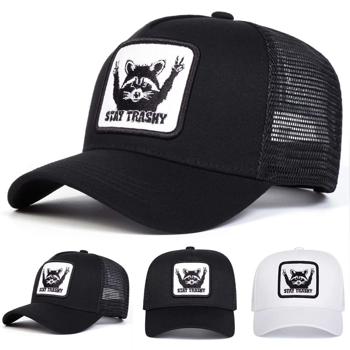 Unisex STAY TRASHY Raccoon Embroidery Baseball Net Caps Spring Summer Outdoor Adjustable Casual Hats Sunscreen Hat Sports Cap