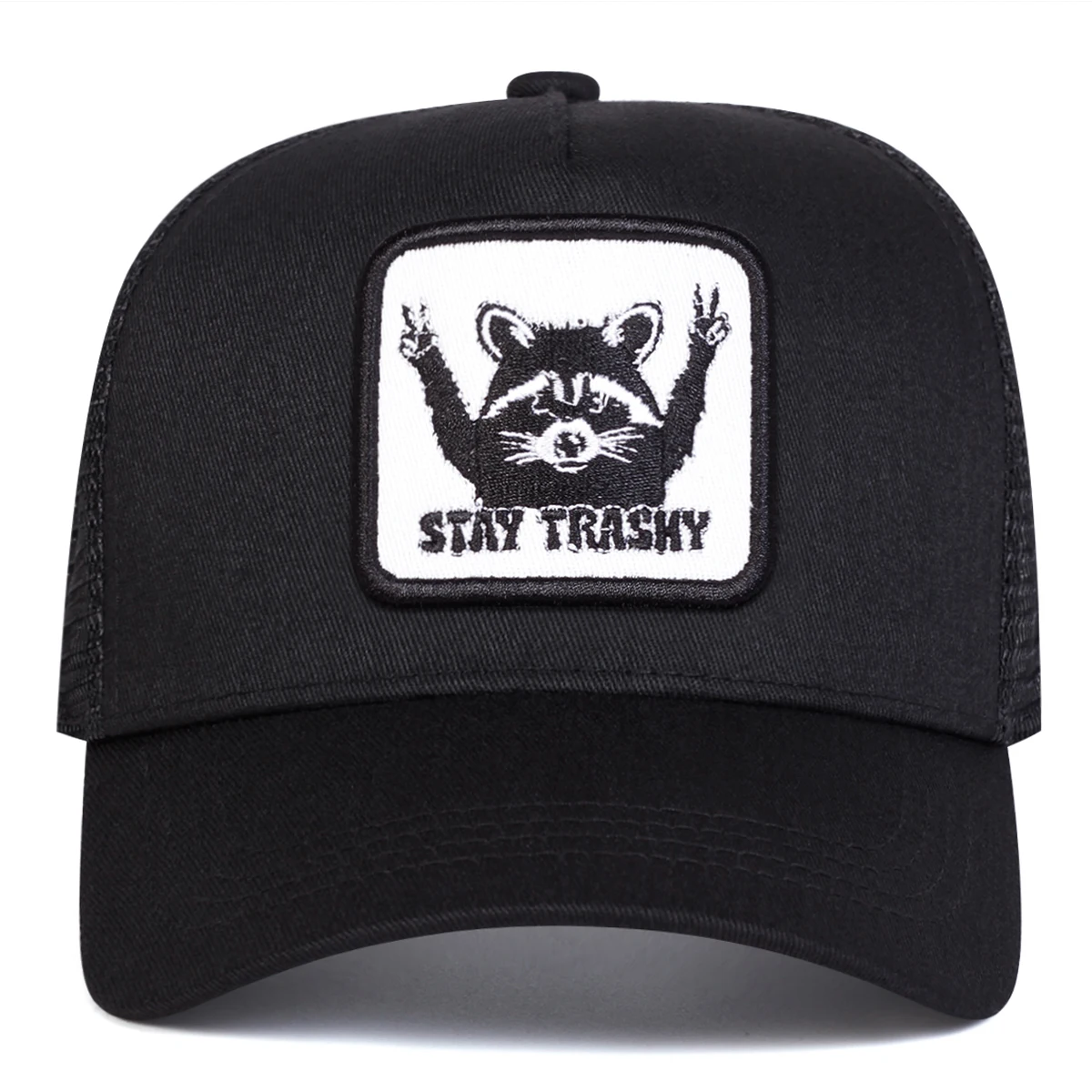 Unisex STAY TRASHY Raccoon Embroidery Baseball Net Caps Spring Summer Outdoor Adjustable Casual Hats Sunscreen Hat Sports Cap