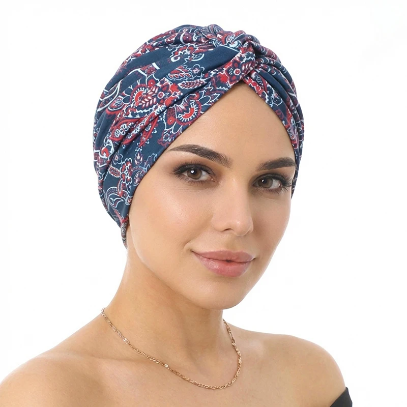 New Women Cashew flower Printed Cross Twist Turban Cap Bonnet Headband African Head Wraps  Ready To Wear HIjabs Chemo Cap