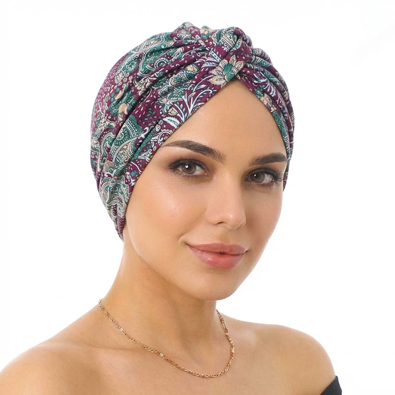 New Women Cashew flower Printed Cross Twist Turban Cap Bonnet Headband African Head Wraps  Ready To Wear HIjabs Chemo Cap