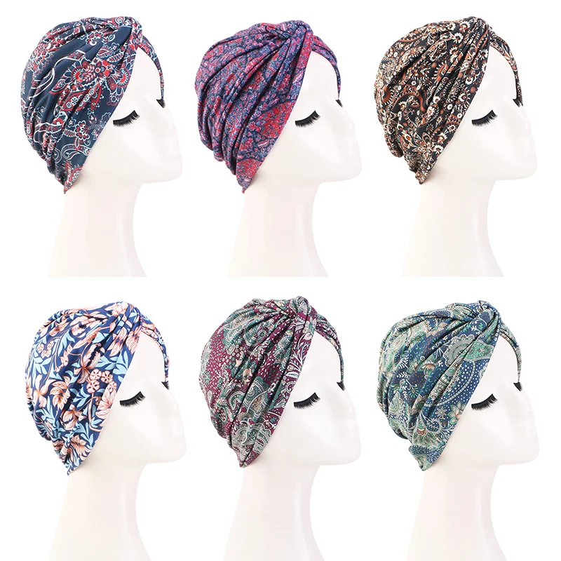 New Women Cashew flower Printed Cross Twist Turban Cap Bonnet Headband African Head Wraps  Ready To Wear HIjabs Chemo Cap