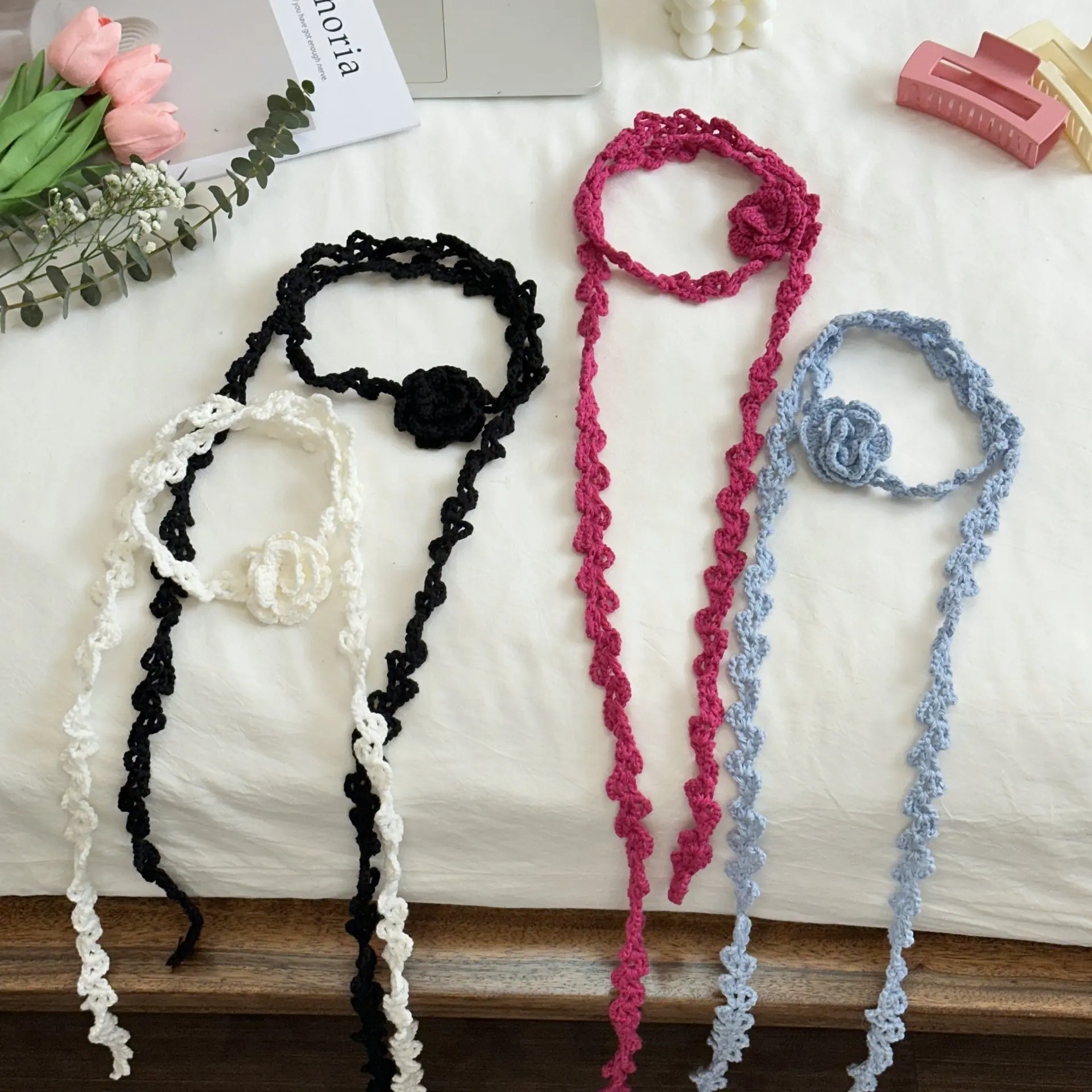 2026 New Sweet Cool Style Clavicle Chain Hand-Woven Crocheted Rose Necklace Popular Sweater Atmosphere Neck Flower Long Scarf