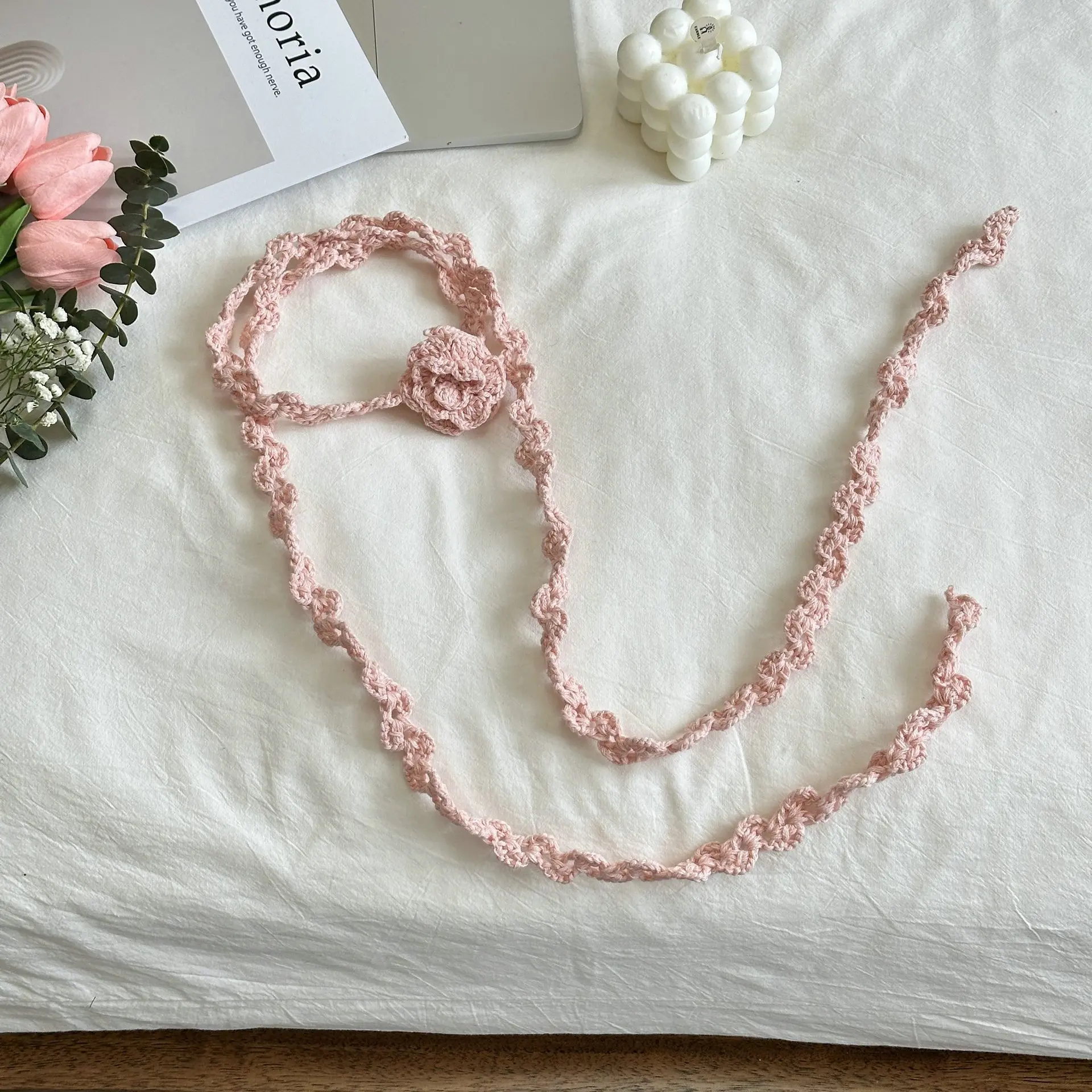 2026 New Sweet Cool Style Clavicle Chain Hand-Woven Crocheted Rose Necklace Popular Sweater Atmosphere Neck Flower Long Scarf