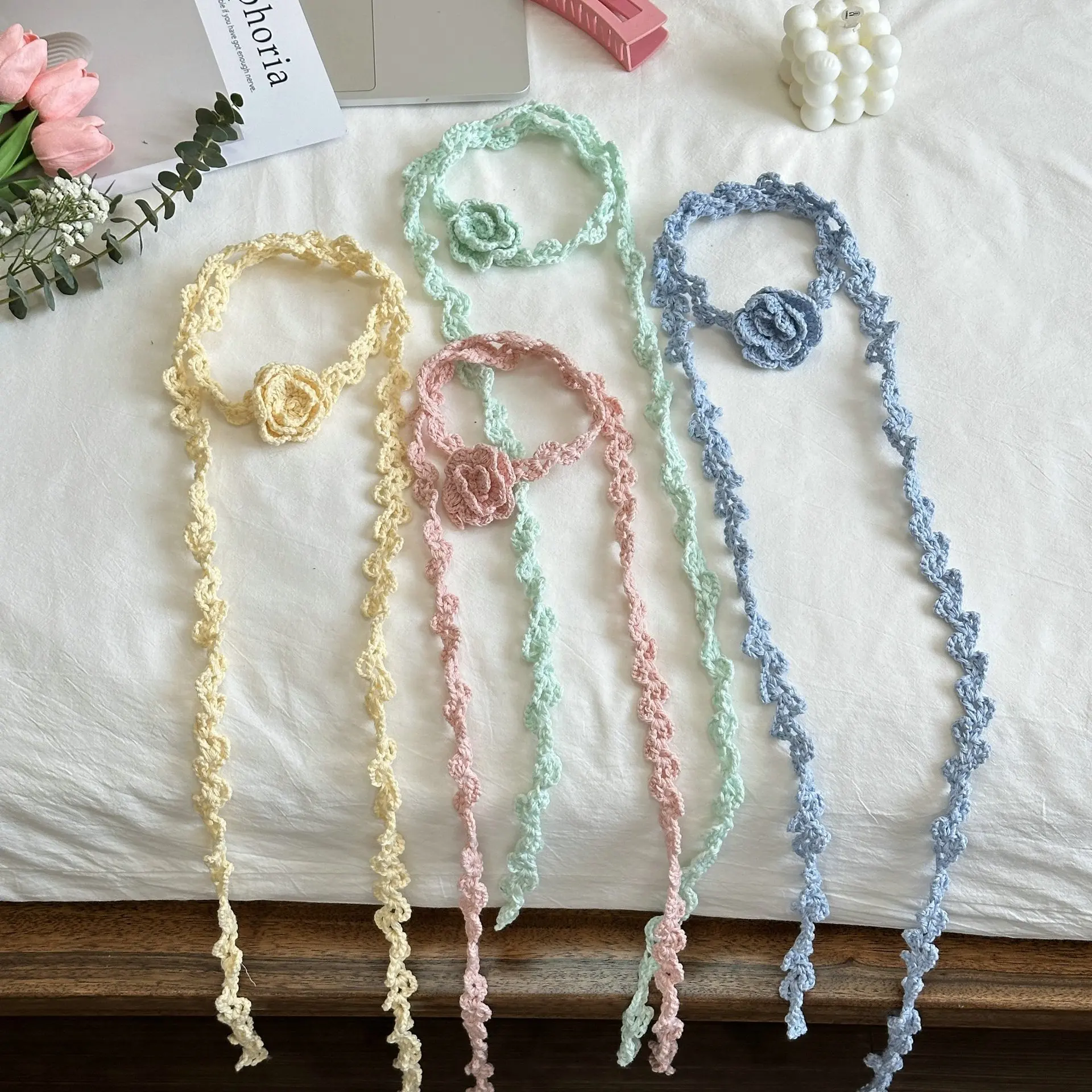 2026 New Sweet Cool Style Clavicle Chain Hand-Woven Crocheted Rose Necklace Popular Sweater Atmosphere Neck Flower Long Scarf