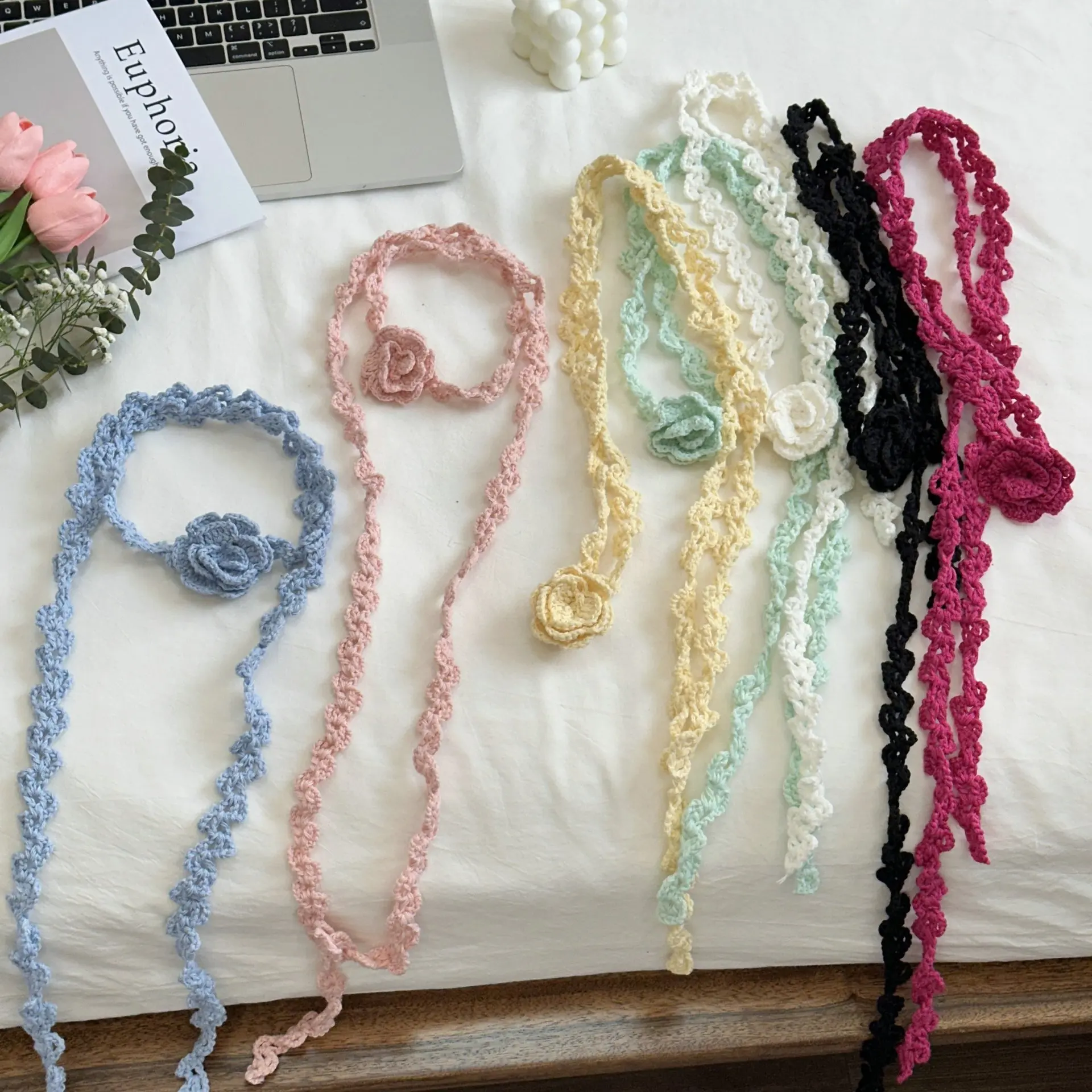 2026 New Sweet Cool Style Clavicle Chain Hand-Woven Crocheted Rose Necklace Popular Sweater Atmosphere Neck Flower Long Scarf