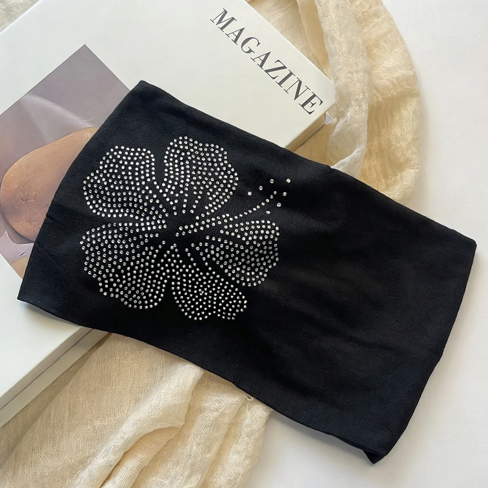 Spring Summer Hibiscus Rhinestone Wide Headbands For Women Y2K Street Style Elastic Hair Bands Fashion Hair Accessory For Daily