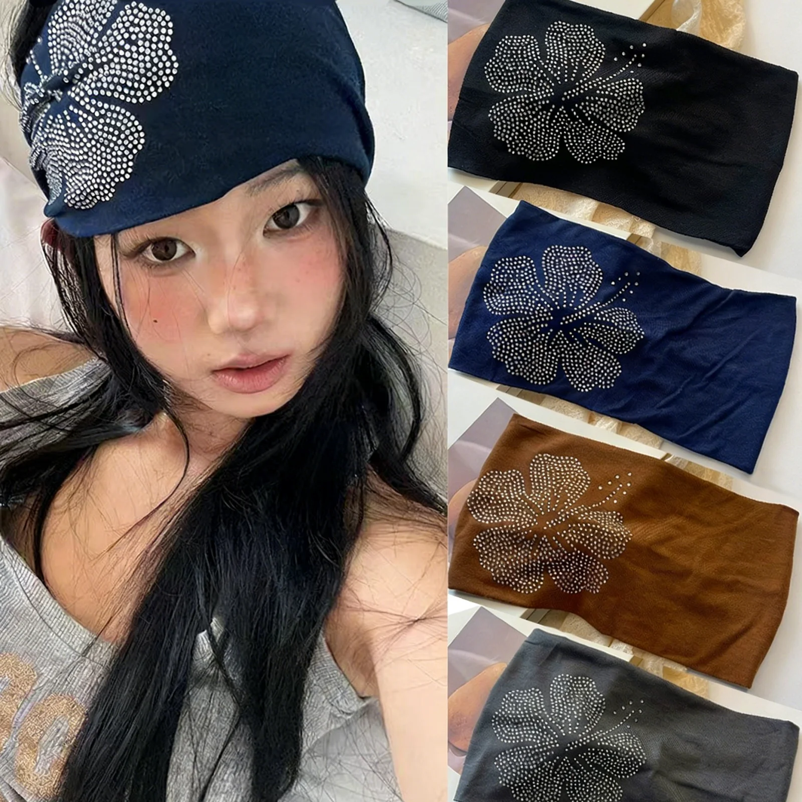 Spring Summer Hibiscus Rhinestone Wide Headbands For Women Y2K Street Style Elastic Hair Bands Fashion Hair Accessory For Daily