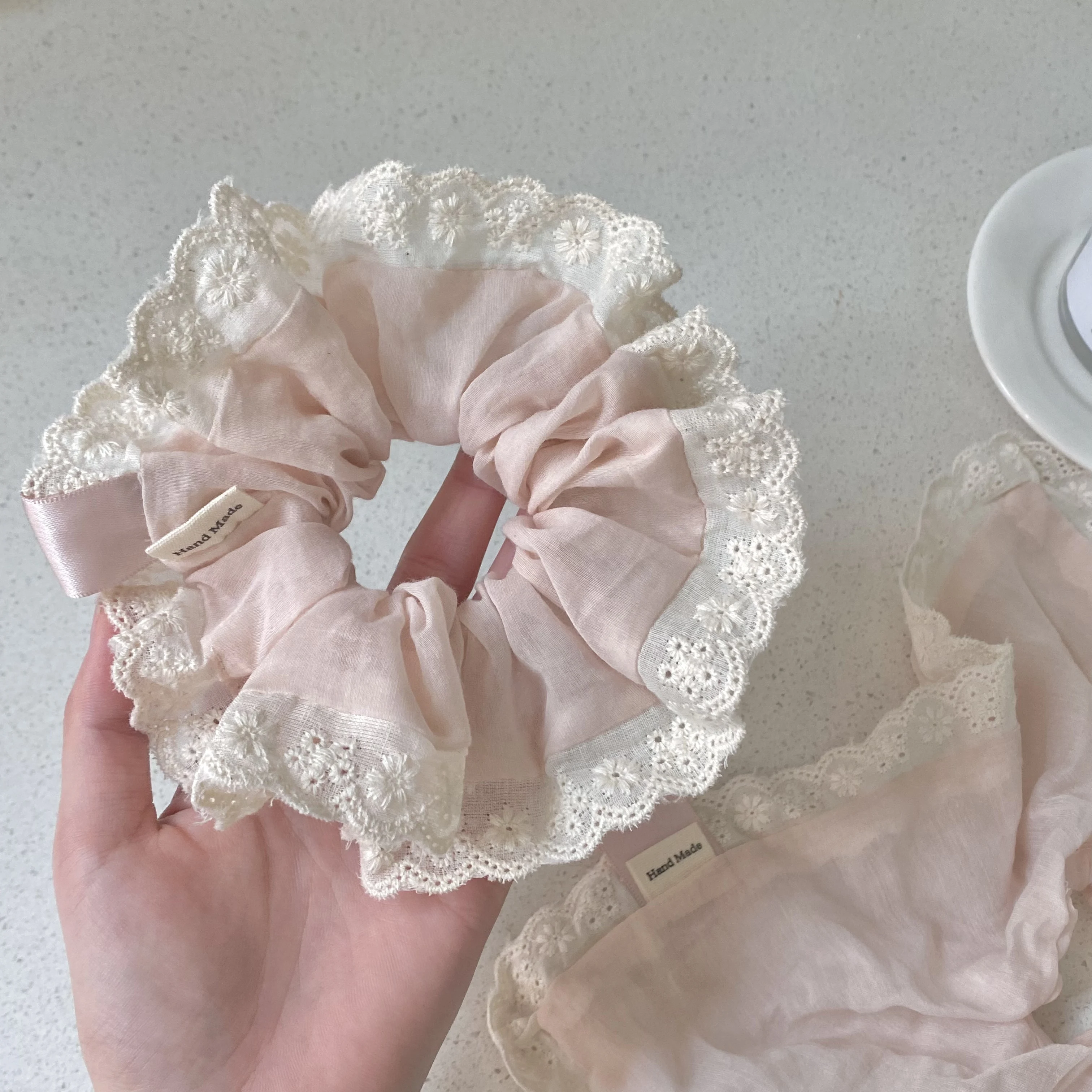 Soft Pink Gentle Lace Large Intestine Scrunchie Sweet Girl's Heart Square Scarf Temperament Ponytail Hair Accessories